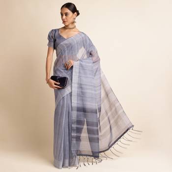 Doi Moi Grey Linen Digital Print Saree For Women (Purelinen Grey P77) 4