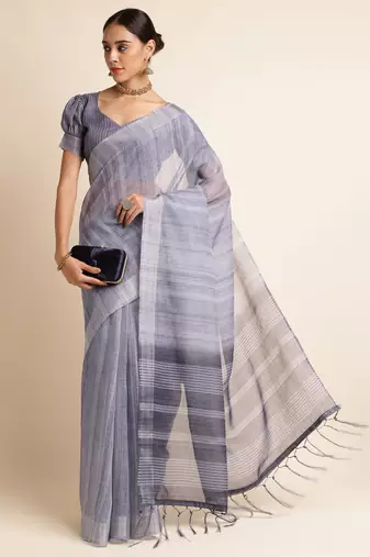 Doi Moi Grey Linen Digital Print Saree For Women (Purelinen Grey P77)