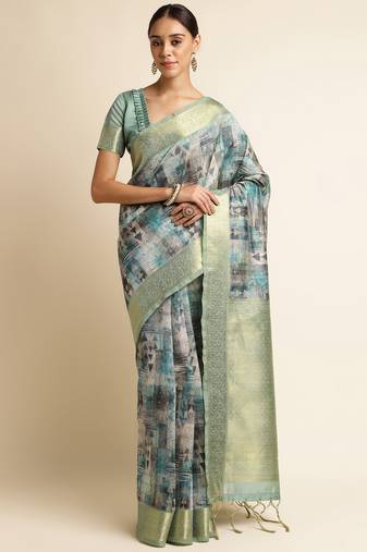 Doi Moi Blue Tussar Silk Digital Print Saree For Women (Tussarsilk Blue R2611/P728)