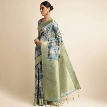 Doi Moi Blue Tussar Silk Digital Print Saree For Women (Tussarsilk Blue R2611/P728) 2