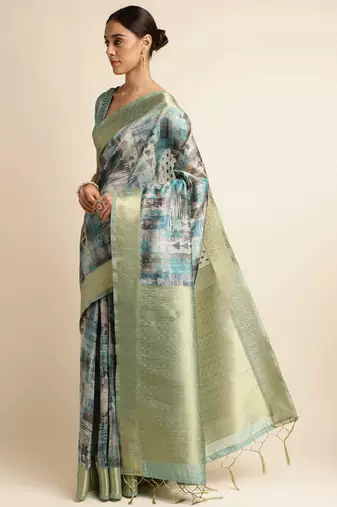 Doi Moi Blue Tussar Silk Digital Print Saree For Women (Tussarsilk Blue R2611/P728)