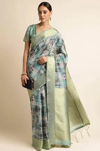 Doi Moi Blue Tussar Silk Digital Print Saree For Women (Tussarsilk Blue R2611/P728)
