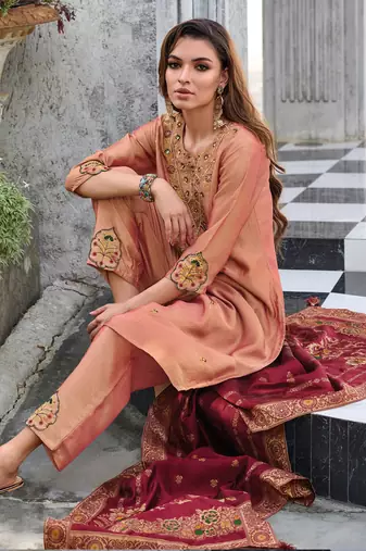  women kurta and trouser duppata set silk blend