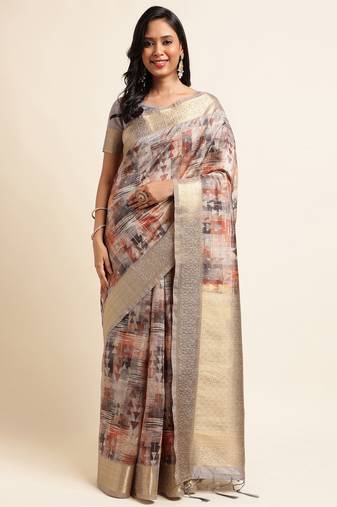 Doi Moi Grey Tussar Silk Digital Print Saree For Women (Tussarsilk Grey R2611/P728)