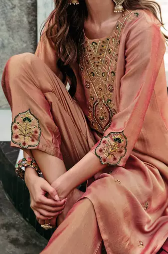  women kurta and trouser duppata set silk blend