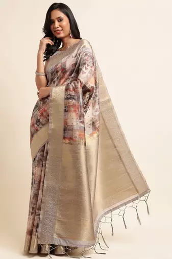 Doi Moi Grey Tussar Silk Digital Print Saree For Women (Tussarsilk Grey R2611/P728)