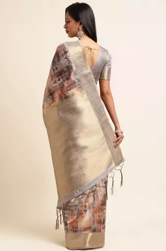 Doi Moi Grey Tussar Silk Digital Print Saree For Women (Tussarsilk Grey R2611/P728)