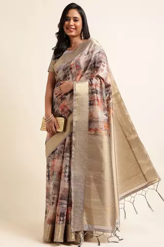 Doi Moi Grey Tussar Silk Digital Print Saree For Women (Tussarsilk Grey R2611/P728)