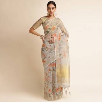 Doi Moi Grey Linen Digital Print Saree For Women (Koralinen Grey P567) 1