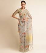 Doi Moi Grey Linen Digital Print Saree For Women (Koralinen Grey P567)