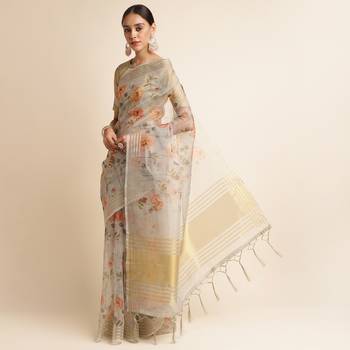 Doi Moi Grey Linen Digital Print Saree For Women (Koralinen Grey P567) 2