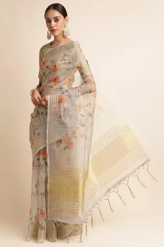 Doi Moi Grey Linen Digital Print Saree For Women (Koralinen Grey P567)