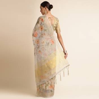 Doi Moi Grey Linen Digital Print Saree For Women (Koralinen Grey P567) 3