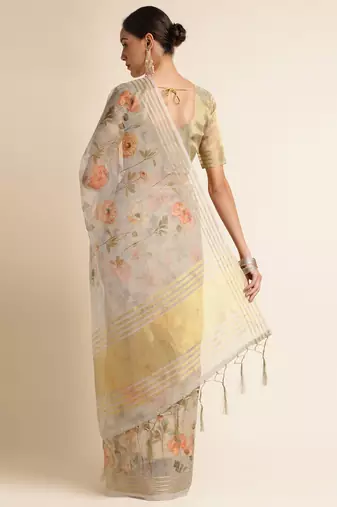 Doi Moi Grey Linen Digital Print Saree For Women (Koralinen Grey P567)