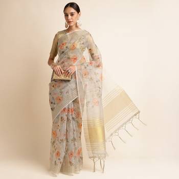Doi Moi Grey Linen Digital Print Saree For Women (Koralinen Grey P567) 4