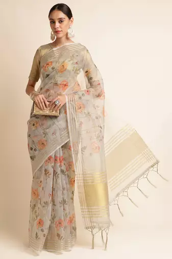 Doi Moi Grey Linen Digital Print Saree For Women (Koralinen Grey P567)