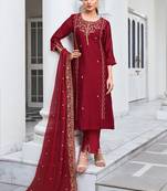 women kurta and trouser duppata set silk blend