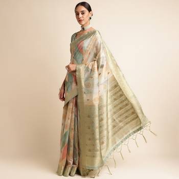 Doi Moi Green Tussar Silk Printed Saree For Women (Tussarsilk Green R2407/P656) 3
