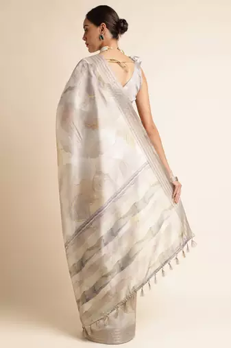 Doi Moi Grey Silk Blend Digital Print Saree For Women Kajalsilk Grey D665/P771  
