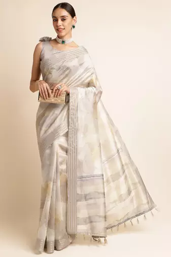 Doi Moi Grey Silk Blend Digital Print Saree For Women Kajalsilk Grey D665/P771  