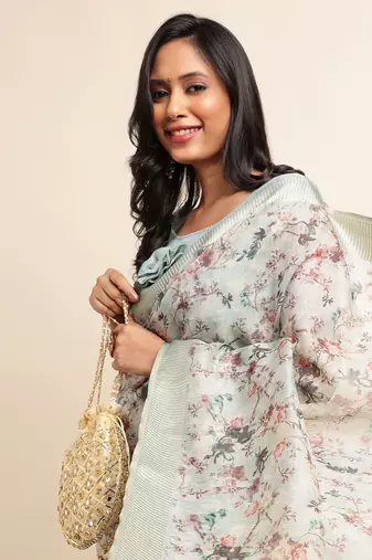 Doi Moi Pink Organza Digital Print Saree For Women (Zilmil Pink D298/P661)