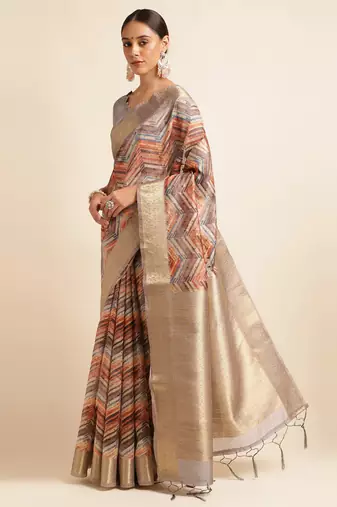 Doi Moi Orange Tussar Silk Digital Print Saree For Women (Tussarsilk Orange R2611/P731)