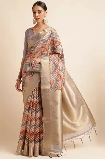 Doi Moi Orange Tussar Silk Digital Print Saree For Women (Tussarsilk Orange R2611/P731)