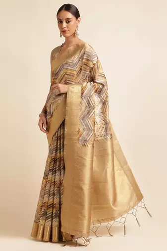 Doi Moi Gold Tussar Silk Digital Print Saree For Women (Tussarsilk Golden R2611/P731)