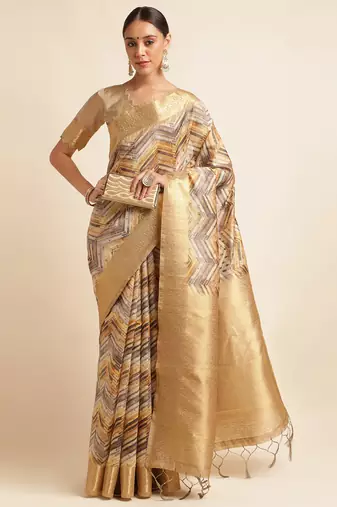 Doi Moi Gold Tussar Silk Digital Print Saree For Women (Tussarsilk Golden R2611/P731)