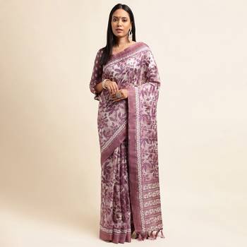 Doi Moi Purple Silk Blend Printed Saree For Women Bonga Purple D349/P782   1