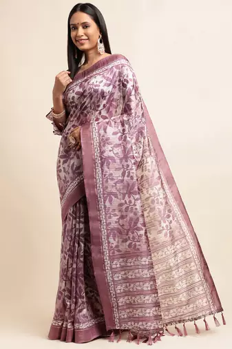 Doi Moi Purple Silk Blend Printed Saree For Women Bonga Purple D349/P782  