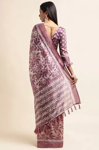 Doi Moi Purple Silk Blend Printed Saree For Women Bonga Purple D349/P782  