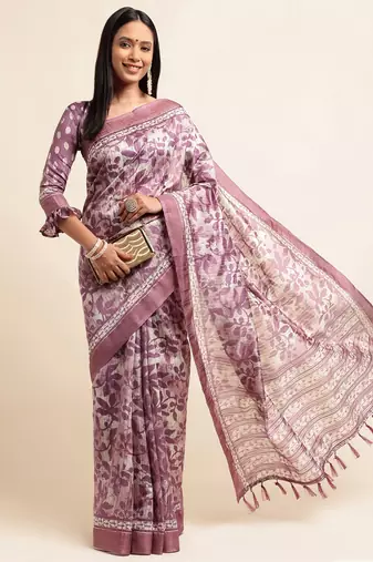 Doi Moi Purple Silk Blend Printed Saree For Women Bonga Purple D349/P782  
