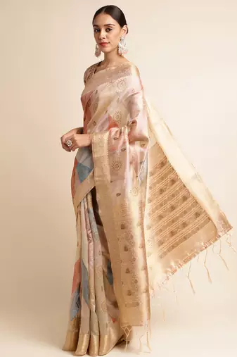 Doi Moi Orange Tussar Silk Printed Saree For Women (Tussarsilk Peach R2407/P656)