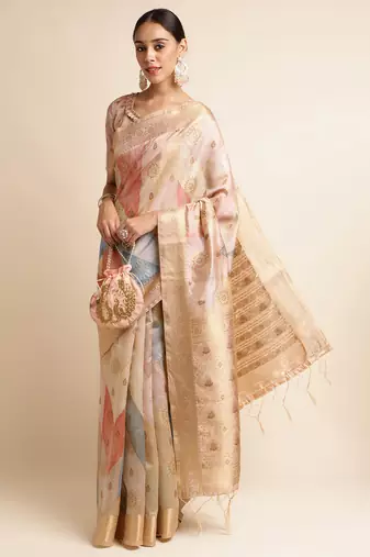 Doi Moi Orange Tussar Silk Printed Saree For Women (Tussarsilk Peach R2407/P656)