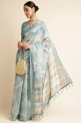 Doi Moi Green Silk Blend Printed Saree For Women Kajalsilk Green D665/P771  