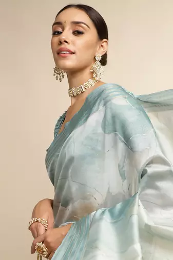 Doi Moi Green Silk Blend Printed Saree For Women Kajalsilk Green D665/P771  
