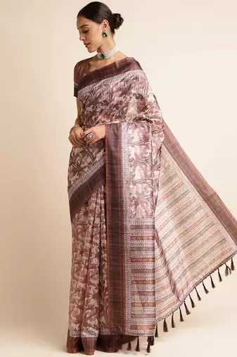 Doi Moi Brown Silk Blend Printed Saree For Women Bonga Brown 11943/P775  