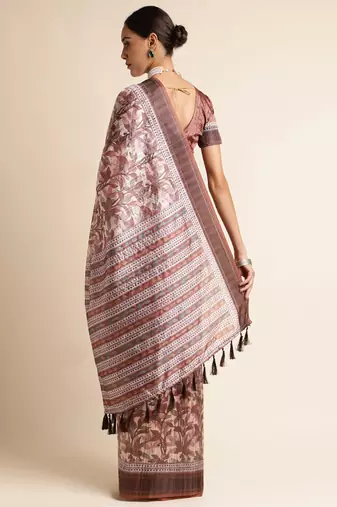 Doi Moi Brown Silk Blend Printed Saree For Women Bonga Brown 11943/P775  