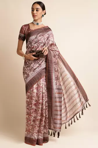 Doi Moi Brown Silk Blend Printed Saree For Women Bonga Brown 11943/P775  