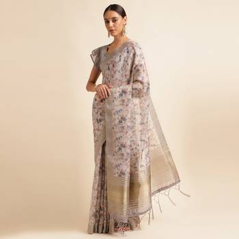 Doi Moi Grey Organza Digital Print Saree For Women (Zilmil Grey D298/P661) 2