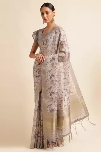 Doi Moi Grey Organza Digital Print Saree For Women (Zilmil Grey D298/P661)
