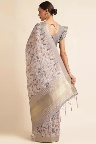 Doi Moi Grey Organza Digital Print Saree For Women (Zilmil Grey D298/P661)