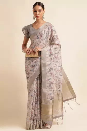 Doi Moi Grey Organza Digital Print Saree For Women (Zilmil Grey D298/P661)