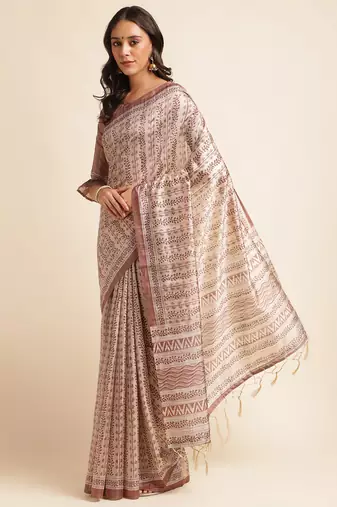 Doi Moi Brown Silk Blend Digital Print Saree For Women Fijasilk Brown P551  