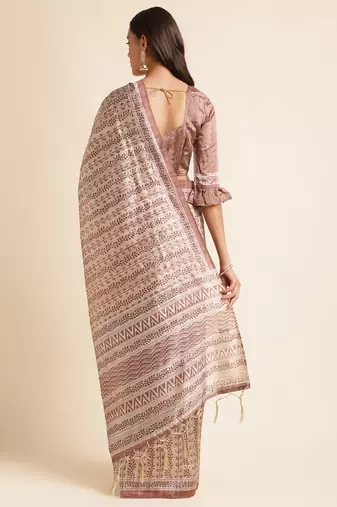 Doi Moi Brown Silk Blend Digital Print Saree For Women Fijasilk Brown P551  