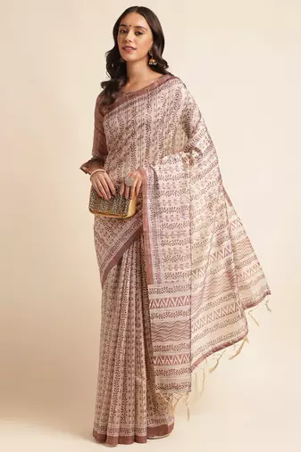 Doi Moi Brown Silk Blend Digital Print Saree For Women Fijasilk Brown P551  