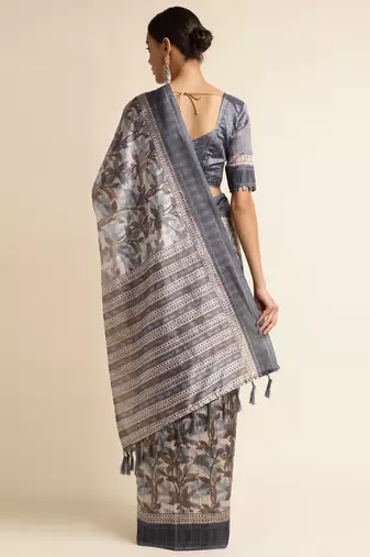 Doi Moi Blue Silk Blend Printed Saree For Women Bonga Blue 11943/P775  