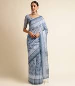 Doi Moi Blue Silk Blend Digital Print Saree For Women Linensilk Blue P565  