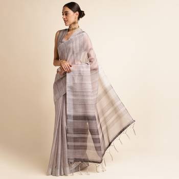 Doi Moi Blue Linen Digital Print Saree For Women (Purelinen Dust P77) 2